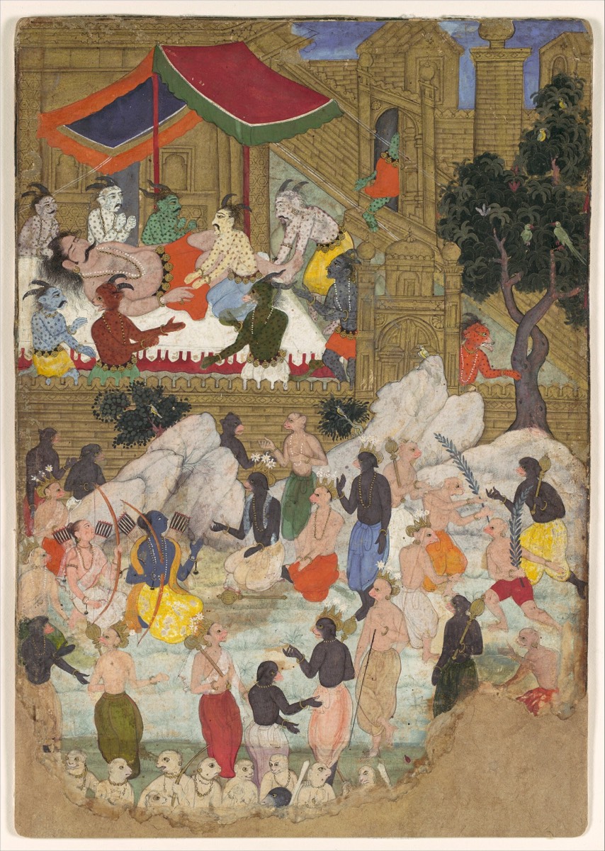 A Mughal painting: a giant asleep while a crowd tries to wake him