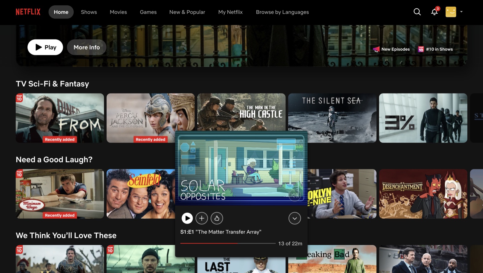 The Netflix home screen: rows of thumbnails