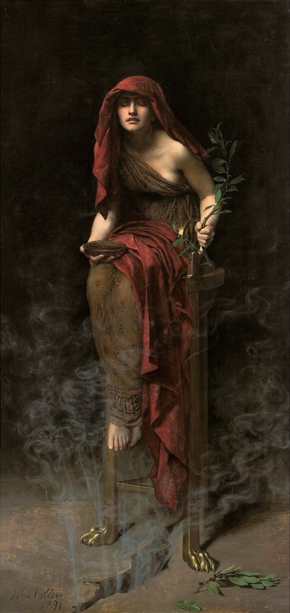 A priestess seated on a tripod above rising vapour